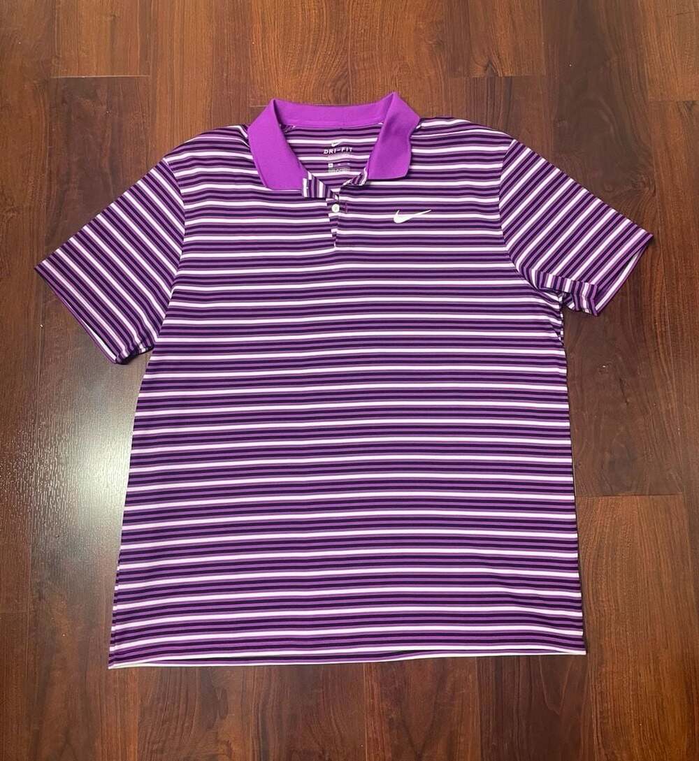 Nike Dri-FIT Striped Golf Polo Shirt Purple White Black Size XL